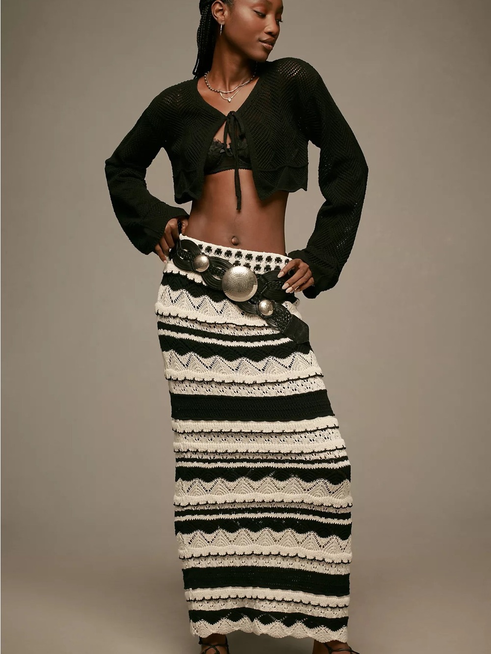 Anthropologie Black and Cream Striped Crochet Maxi Skirt
